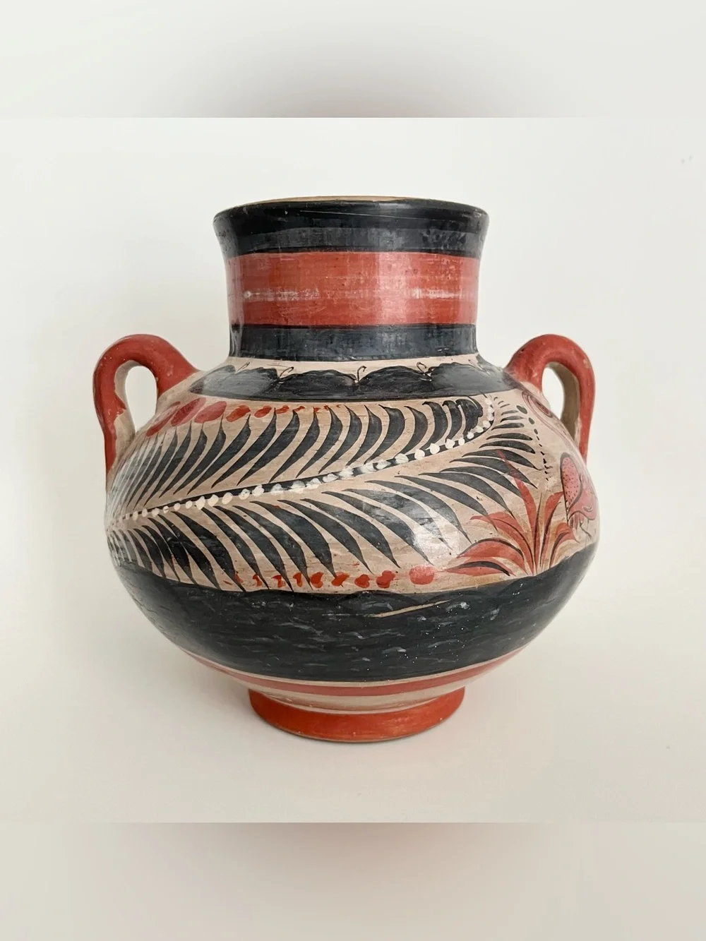 Vintage Mexican Tonala Hand Painted Pottery Vase w/Handles Floral Black Orange